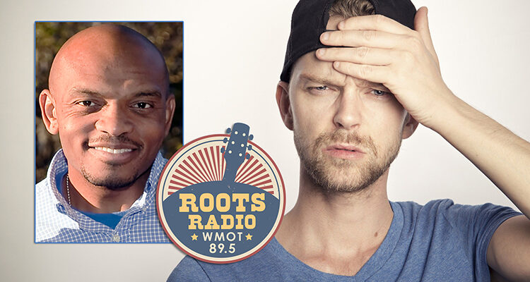 MTSU psychology lecturer Corey Teague is shown with the WMOT-FM Roots Radio 89.5 logo atop a file image of a man holding his hand to his head in apparent confusion and frustration. Teague will discuss the psychology behind the mental shortcuts of “cognitive misers’” on the Dec. 29, 2020, edition of “MTSU On the Record.” (file photo courtesy of Sammy-Williams/Pixabay)