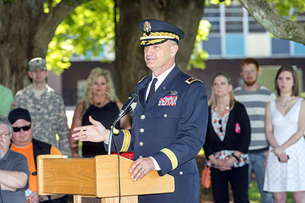 Maj. Gen. Jeff Holmes delivers the ROTC commissioning ceremony address Friday, May 8, at the MTSU Veterans Memorial site. 