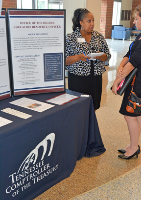 Nneka Norman-Gordon, left, higher education resource officer for the Tennessee Comptroller of the Treasury, speaks with MTSU Faculty Senate President Tricia Farwell in the Student Union Building during a recent visit by Norman-Gordon to campus. (MTSU photo)