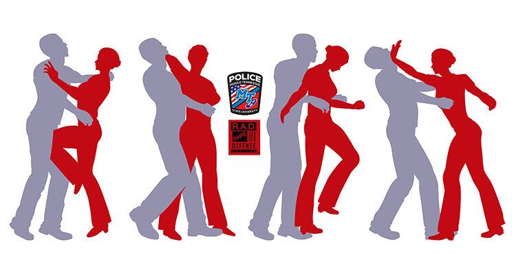 RAD (Rape Aggression Defense) self-defense course graphic depicting silhouetted female using self-defense against silhouetted male with MTSU Police Department and RAD logos