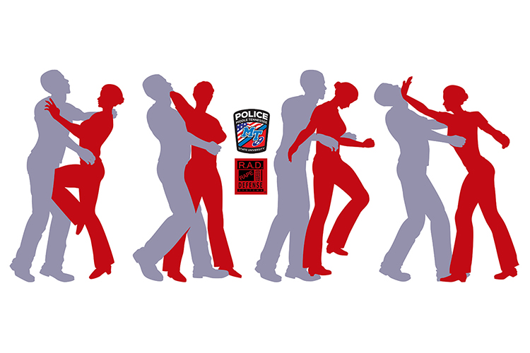 RAD (Rape Aggression Defense) self-defense course graphic depicting silhouetted female using self-defense against silhouetted male with MTSU Police Department and RAD logos