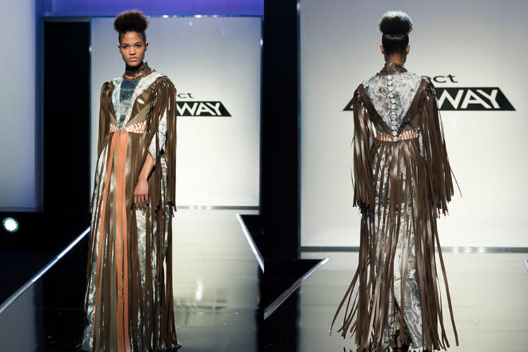 A Project Runway model wears MTSU alumna Ayana Ife's design on the Aug. 24 episode of the Lifetime network show. Contestants were required to create fashions from recyled materials, and Ife used newspaper, fabric scraps, vinyl fringe and bottle-cap buttons for her gown. (Photo courtesy of Barbara Nitke/Lifetime)