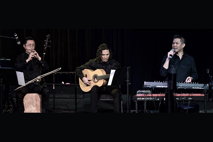 The band PANGEA will perform at 8 p.m. Friday, Sept. 22, in Wright Music Building’s Hinton Music Hall at MTSU. Band members, shown here in a May 2017 performance at Winchester Cultural Center in Las Vegas are, from left, Hong Wang, Erkin Abdulla and Albert Chang. (Photos courtesy of Doris Cin Photography/photo illustration by MTSU News and Media Relations)