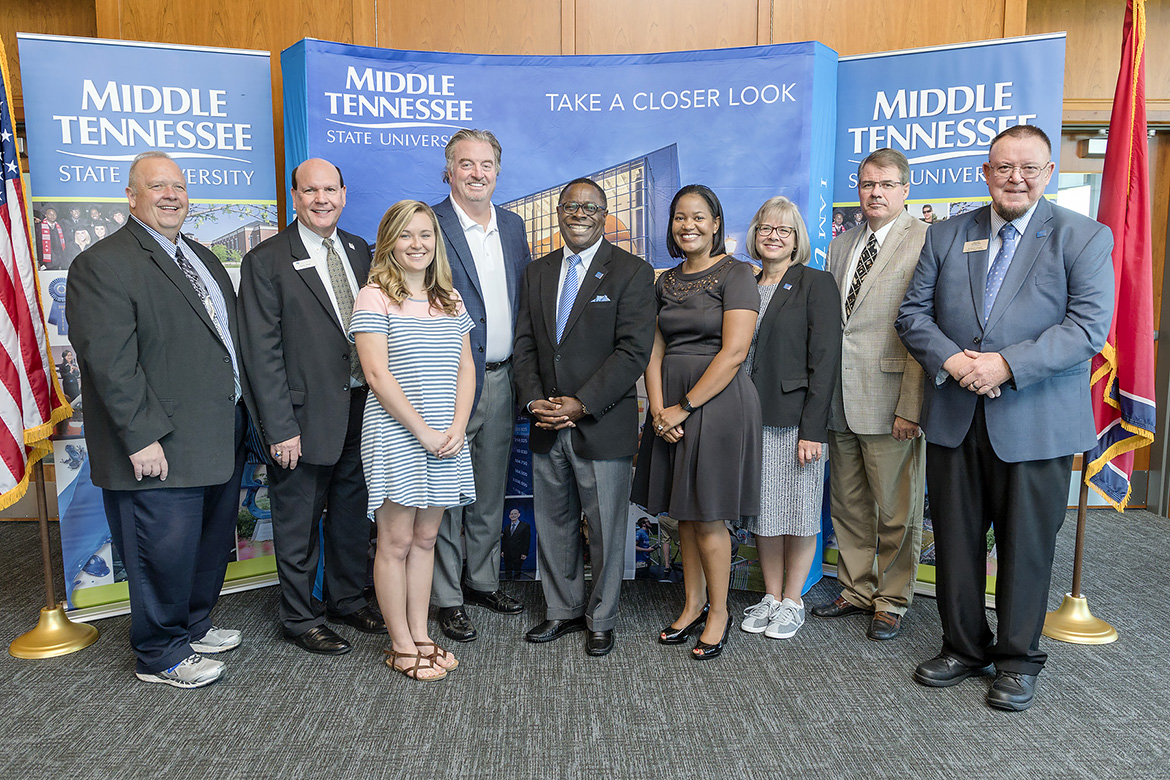 MTSU President Sidney A. McPhee held a press conference Thursday, Oct. 19, in the Student Union to thank prominent Midstate developer John Floyd of Ole South Properties, and First Tennessee Bank representative Yolanda Greene for their special support of Student Emergency Micro-grant Fund that helped several students remain enrolled for fall semester.