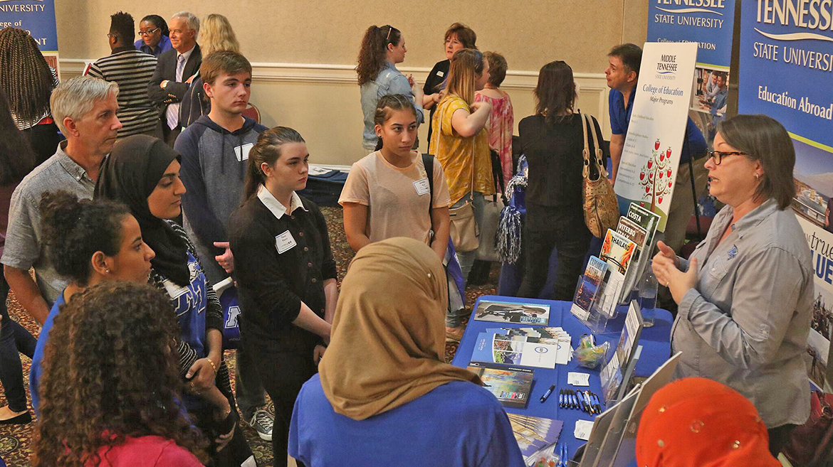 Nashville-area students learn about MTSU study abroad opportunities from Lisa Eddy.
