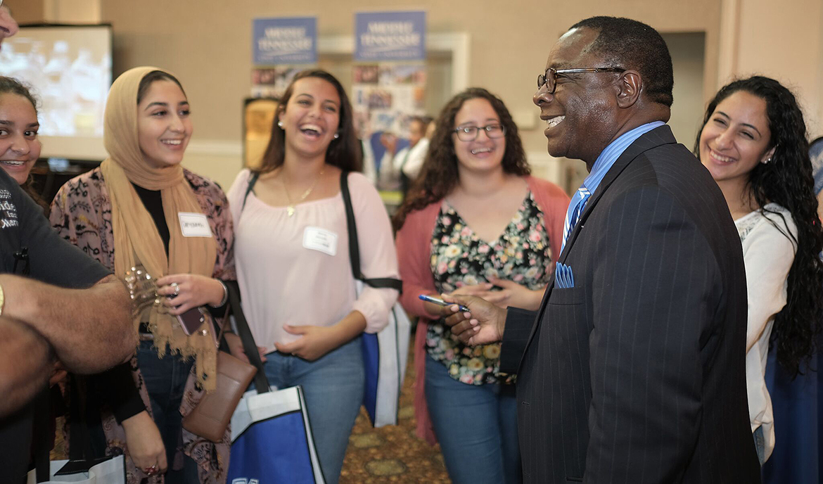 MTSU President Sidney A. McPhee visits with seniors at Martin Luther King Jr. Magnet High School.