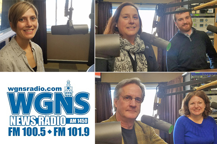 MTSU faculty and staff were guests for the Nov. 20 WGNS Radio “Action Line” program. Pictured are: top right, Erin Anfinson, associate professor in the MTSU Department of Art & Design; top right from left, Marianne Myers, assistant director of the Tennessee Valley Healthcare System, and Sean Martin, transition manager with the Daniels Veterans and Military Family Center at MTSU; and bottom right from left, H. Stephen Smith, interim associate dean for the MTSU College of Liberal Arts, and Meredith Kerr, development director for Liberal Arts. (MTSU photo collage by Jimmy Hart)