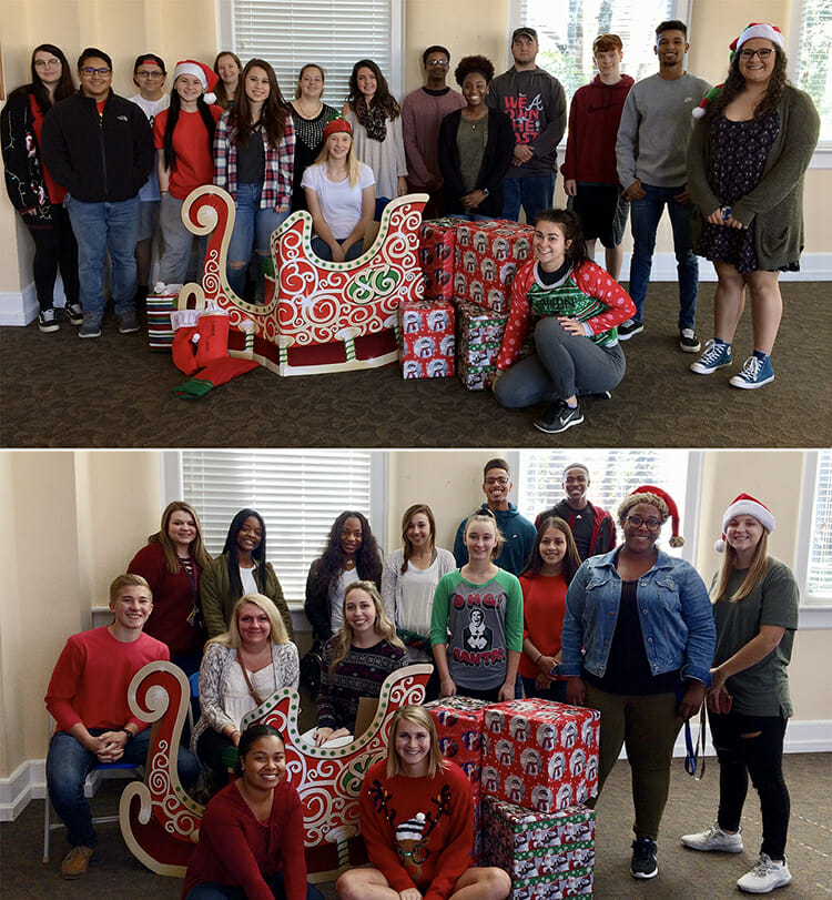 Two groups of freshman students in MTSU professor Lori Kissinger’s EXL Fundamentals of Communication courses pose for photos during an afternoon Borderless Arts Tennessee workshop at MTSU that they organized to help a dozen young Midstate artists create ornaments for Tennessee's state Christmas tree in Washington, D.C. The tree is on display with 55 others through Jan. 1 along the “Pathway of Peace” on the Ellipse in President’s Park in Washington, surrounding the National Christmas Tree. (Photo courtesy of Borderless Arts Tennessee)