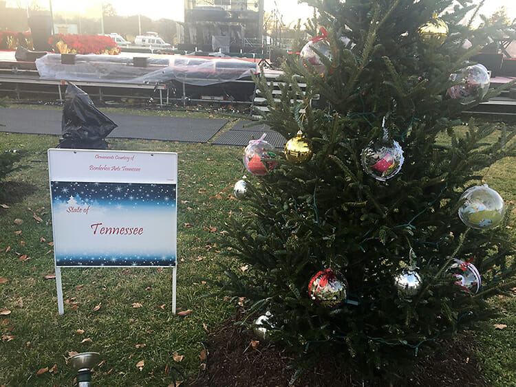 Ornaments created by young Midstate artists during a special Borderless Arts Tennessee workshop at MTSU, coordinated by MTSU freshman experiential learning students, hang on the Tennessee state tree along the “Pathway of Peace” on the Ellipse in President’s Park in Washington, D.C., surrounding the National Christmas Tree. All 57 trees will be on display through Jan. 1. (Photo courtesy of Borderless Arts Tennessee)