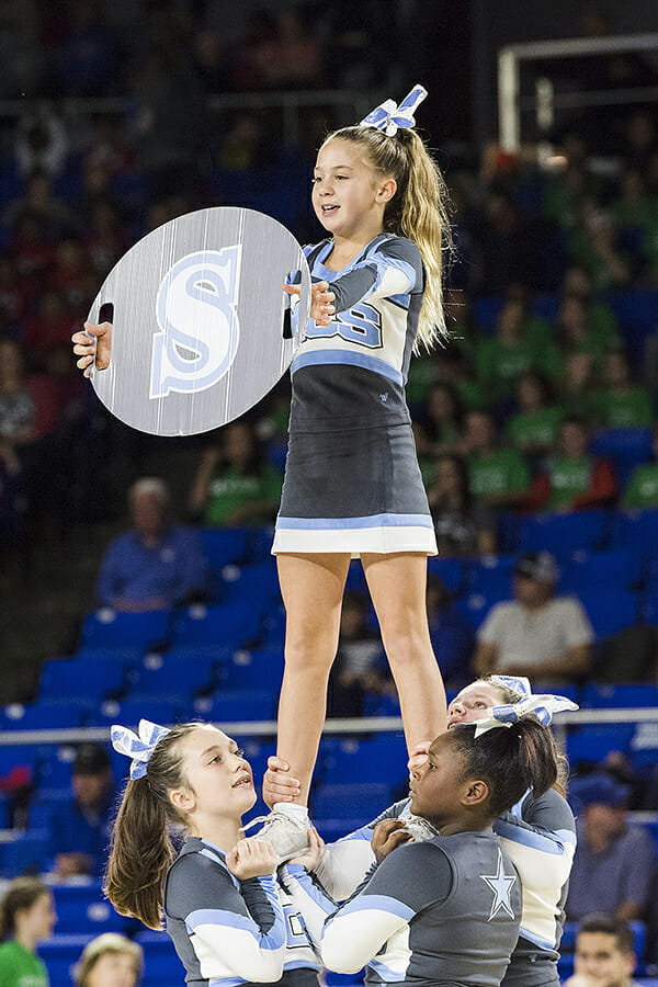 The Murfreesboro City Schools Competition Cheerleading Team performs at halftime Tuesday, Dec. 5, during the Education Day event in Murphy Center, where city students watched the women's basketball game against Coppin State in Murphy Center. (MTSU photo by Andy Heidt)