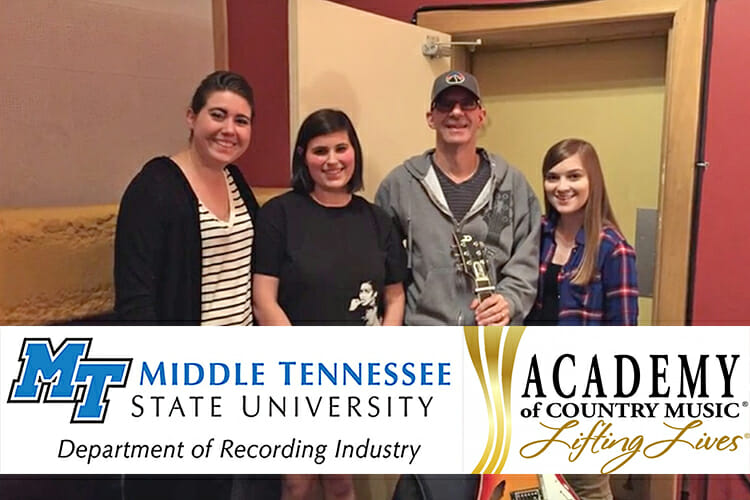 In this 2016 file photo, MTSU songwriting students are shown with Grammy-winning producer Kenny Greenberg (holding guitar) at Omni Sound Studios in Nashville. (Photo courtesy of MTSU Songwriting)