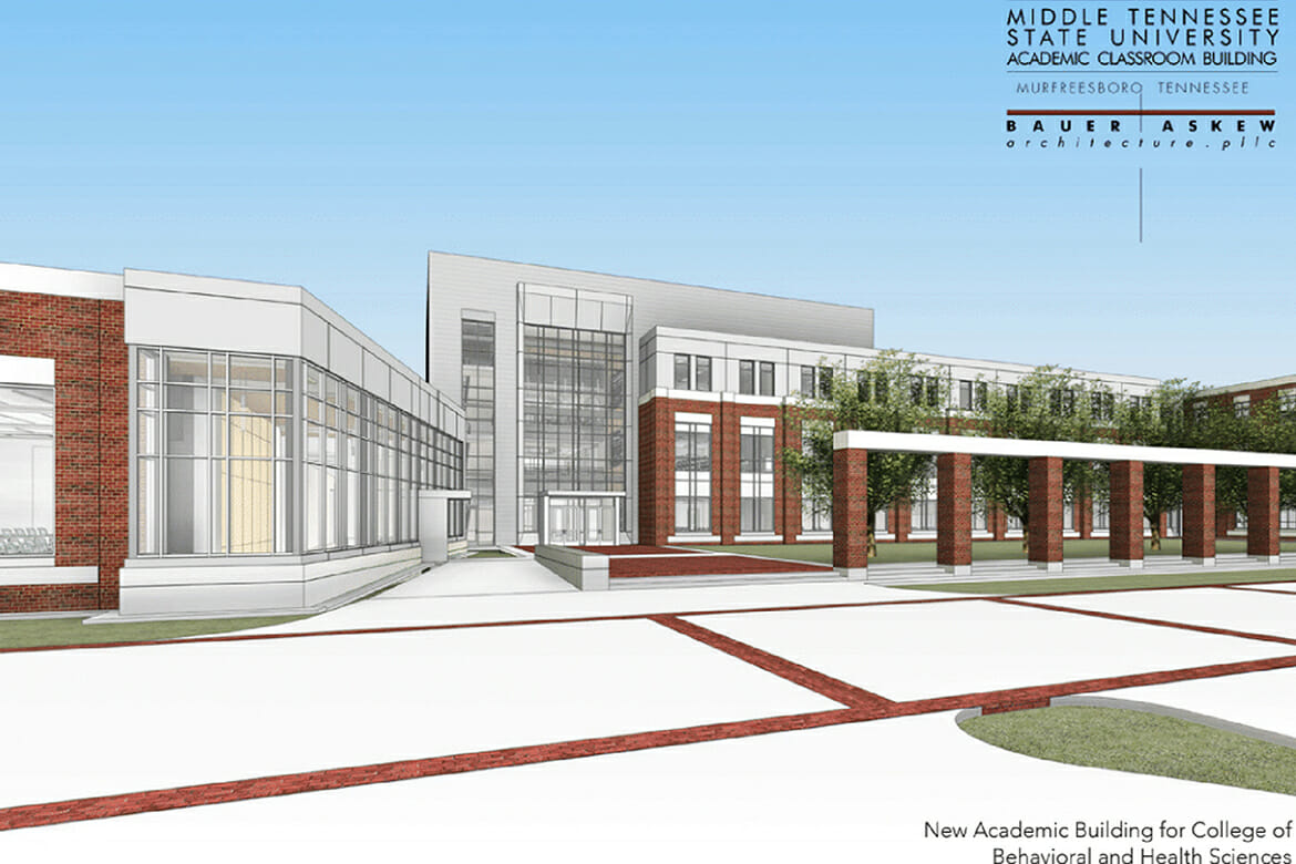 This artist’s rendering shows the exterior of the proposed new academic classroom building for MTSU’s College of Behavioral and Health Sciences. (Courtesy of MTSU)