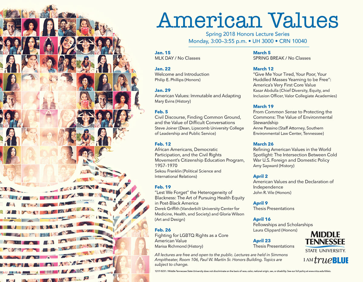 Spring 2018 Honors Lecture Series 'American Values' graphic