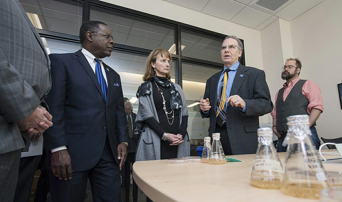 Tennessee Center for Botanical Medicine Research Director Elliot Altman, second from right, answers a hemp-related question posed by state House Speaker Beth Harwell, center, Feb. 5 in the Science Building as MTSU President Sidney A. McPhee, left, listens. (MTSU photo by Andy Heidt)