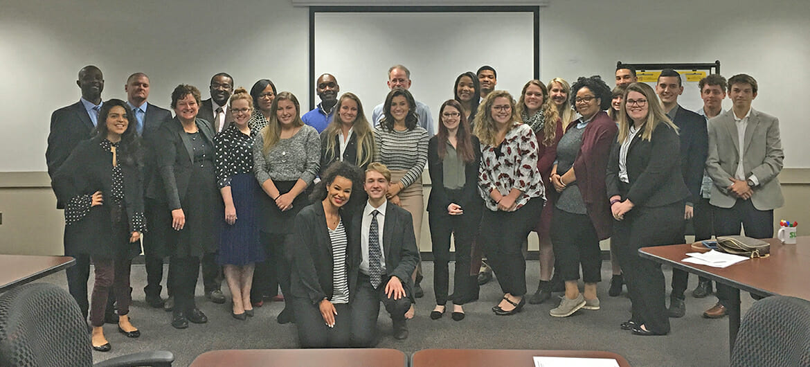 MTSU faculty member, Dr. DeAnne Priddis, second from left, is shown with students from her Organizational Communication course and members from the Tennessee Department of Human Services in this fall 2017 photo. Priddis’ students presented a training program on conflict associated with Alternative Workplace Solutions, or AWS, initiatives to state HR staff.   Students pictured, from left to right, are: (front row) Cydnie Golden, Hayden Green; (second row) Zamaria Thompson Pacheco, DeAnne Priddis, Tennessee HR staffer Melanie Bradsher, Bailea Persinger, Lauren Cieler, Lindsey Rogers, Abby Butler, Katie Harton, Konosha Chew and April Carroll.  (Back Row) Micah Wilson, Derek Hunt, Tennessee HR staffer Kevin Wesley, Tennessee HR staffer Coretta Young, Tennessee HR staffer Carlos Holmes, Tennessee HR staffer Steve Chester, Amelia McClurkin, Corderius Weaver, Katie Nevar, Courtney McGhee, Hannah Tybor, Khylan Walker, Bradley Emery, Alex Ferguson, and Ben Ebbinghouse. (Submitted photo)