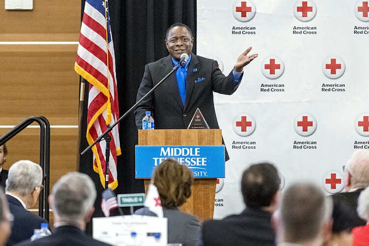 Middle Tennessee State University and President Sidney A. McPhee have been named honorees of the annual American Red Cross Heroes Breakfast. (MTSU photo by J. Intintoli)