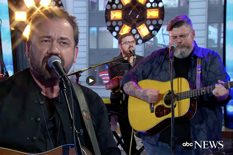 MTSU School of Music alumnus Micah Snow, center, plays keyboards and sings with bandleader Dan Tyminski, left, as multi-instrumentalist Tony Wray, right, plays guitar during the Tyminski Band’s January appearance on ABC’s “Good Morning America.” (Photo courtesy of ABC News)
