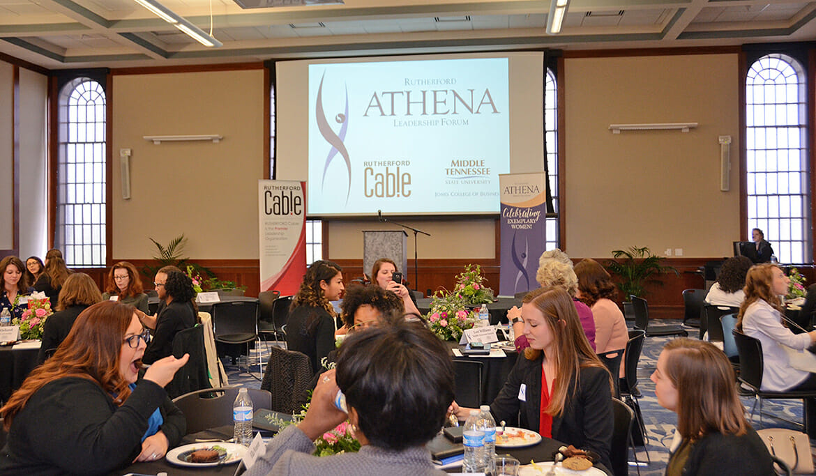MTSU students network with Rutherford Cable members during the third annual Rutherford ATHENA Leadership Forum held March 23 at the MT Center in the Ingram Building at MTSU. (MTSU photo by Jayla Jackson)