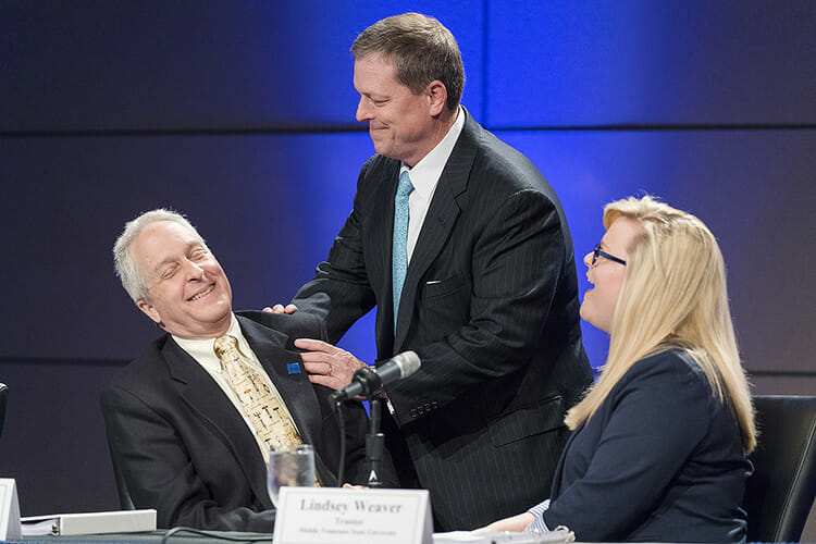 From left, MTSU Board of Trustees members Dr. Tony Johnston, Pete DeLay, and Lindsey Weaver share a laugh before the March 27 meeting in the Student Union Ballroom. (MTSU photo by Andy Heidt)