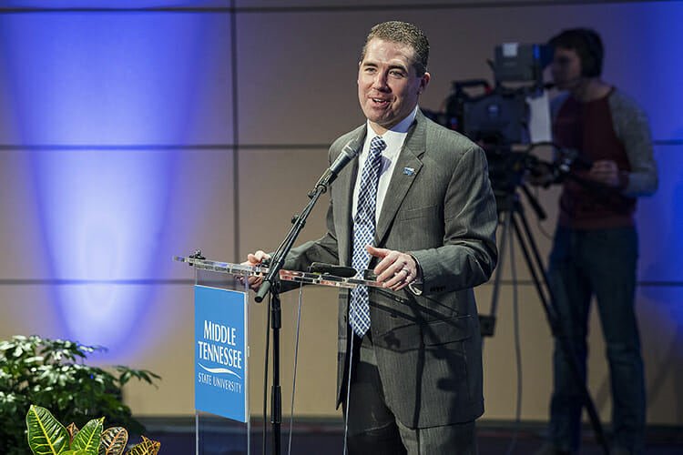 New MTSU men's basketball head coach Nick McDevitt speaks at the March 27 MTSU Board of Trustees quarterly meeting inside the Student Union after being introduced by President Sidney A. McPhee. (MTSU photo by Andy Heidt)
