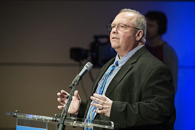 Dr. Bud Fischer, dean of MTSU’s College of Basic and Applied Sciences, gives the MTSU Board of Trustees an overview of activities within his college during the March 27 quarterly meeting of the board inside the Student Union Building. (MTSU photo by Andy Heidt)