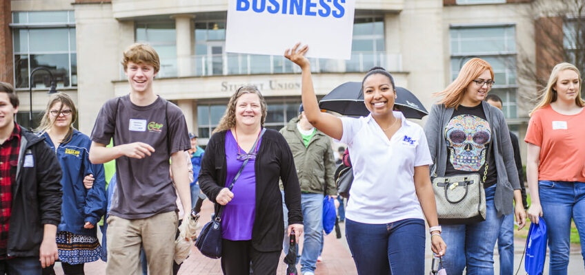 Prospective students considering the Jones College of Business tour the MTSU campus during a recent MTSU True Blue Preview day event. (MTSU file photo by Kimi Conro)