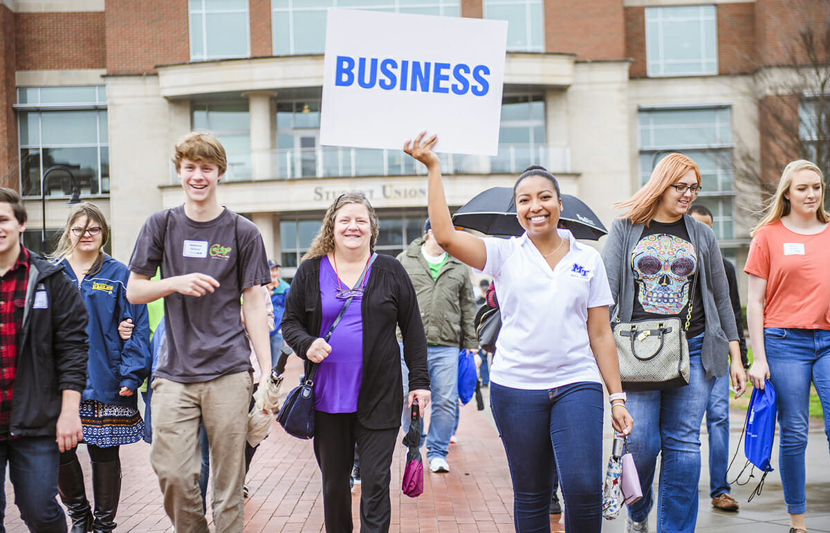 Prospective students considering the Jones College of Business tour the MTSU campus during a recent MTSU True Blue Preview day event. (MTSU file photo by Kimi Conro)