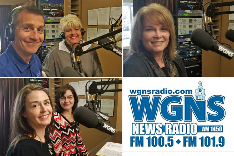 MTSU faculty and staff appeared March 19 on the WGNS Radio “Action Line” program to discuss MTSU programs and events. Pictured are (top left, from left) Dr. Nate Callender, associate professor in the Aerospace Department, and Connie Huddleston, events coordinator in the College of Liberal Arts; (bottom left, from left) Dr. Jennifer Cooper, director of the Tennessee Center for the Study and Treatment of Dyslexia, and Dr. Melinda Hirschmann, assistant director of educational outreach for the center; and, at right, Laura Buckner, an instructor and internship coordinator in the Department of Marketing. (MTSU photo illustration by Jimmy Hart)