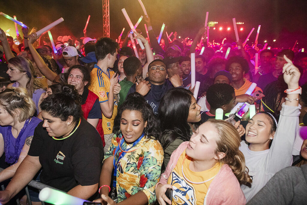 In this fall 2017 file photo, a through of MTSU enjoy the music played at the Crash the Commons event held on the Student Union Commons. The event includes live music, free food and host of other activities to welcome new students to campus. (MTSU file photo by Eric Sutton)