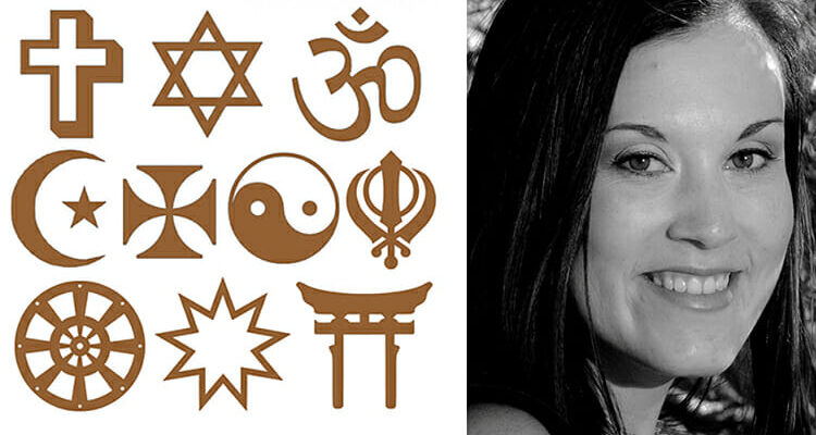 Dr. Rebekka King, an assistant professor of religious studies, shown with symbols representing the world’s major religions