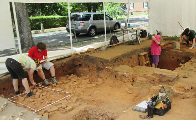 A crew excavates an historic site in the Moravian village of Old Salem in Winston-Salem, North Carolina, where MTSU history and animation students will be working together this summer to bring the 19th-century site back to 3D life. (Photo courtesy of the Old Salem Museum and Gardens)