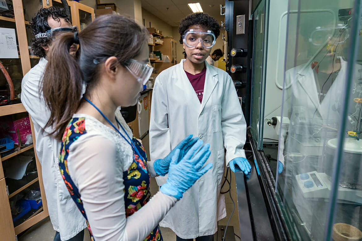 Central Magnet senior Jessica Bullock, shown at center right, listens as her mentor, MTSU chemistry professor Keying Ding, center front, and graduate student Bedraj Pandey give instructions for a research project inside the MTSU Science Building in mid-June as part of the Project SEED program this summer. Project SEED — Summer Education Experience for the Economically Disadvantaged — gives high school juniors and seniors an opportunity to gain scientific knowledge through research and hands-on activities in academic, industry and government research labs across the country, including MTSU's. (MTSU photo by J. Intintoli)