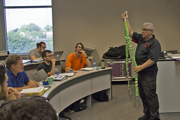 Ernie Santiago, owner of ESH Training LLC in Waipahu, Hawaii, lectures on event safety at the inaugural OSHA 30 Conference for Live Entertainment Production held at Middle Tennessee State University, June 11-17, 2018. The conference was the first of its kind held in the United States. (MTSU photo)