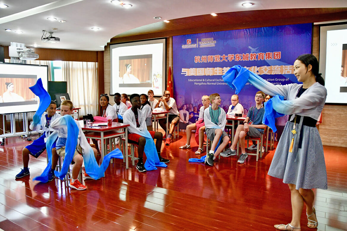 Schoolchildren participating in this year’s MTSU exchange with Dongcheng Educational Group in Hangzhou, China, take part in a classroom demonstration Monday, July 16. (MTSU photo by Andrew Oppmann)