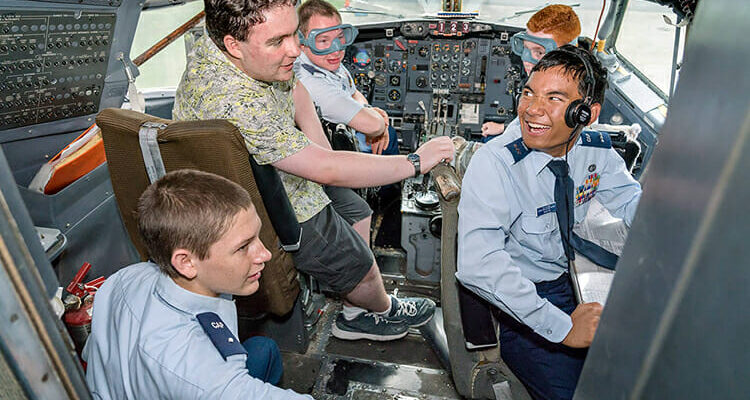 Cadets attending the 2018 Civil Air Patrol National Engineering Technology Academy check out the cockpit of the Boeing 727 owned by Middle Tennessee State University’s Department of Aerospace and located at the Murfreesboro Airport. (MTSU photo by J. Intintoli)