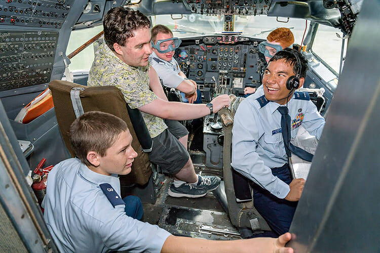 Cadets attending the 2018 Civil Air Patrol National Engineering Technology Academy check out the cockpit of the Boeing 727 owned by Middle Tennessee State University’s Department of Aerospace and located at the Murfreesboro Airport. (MTSU photo by J. Intintoli)