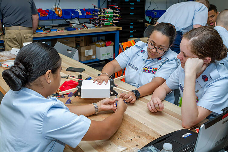 Civil Air Patrol cadets work in the Unmanned Aerial Systems Laboratory within MTSU’s Department of Aerospace while attending the organization’s National Engineering Technology Academy this summer. (MTSU photo by J. Intintoli)