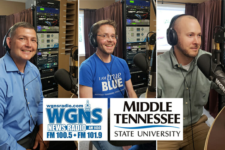 MTSU faculty and staff appeared on the July 16 WGNS Radio “Action Line” program with guest host Marty Daniels. Guests included, from left, Shane Smith with the Daniels Veterans and Military Family Center; Kevin McNulty with the Department of Media Arts; and Dr. Dan Smith with the Political Economy Research Institute. (MTSU photo illustration by Jimmy Hart)