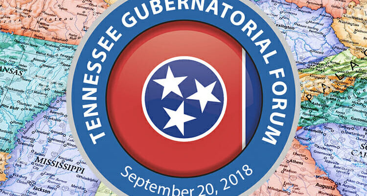 Tennessee Gubernatorial Forum 2018 logo overlaid on a map of Tennesseee and its adjoining states
