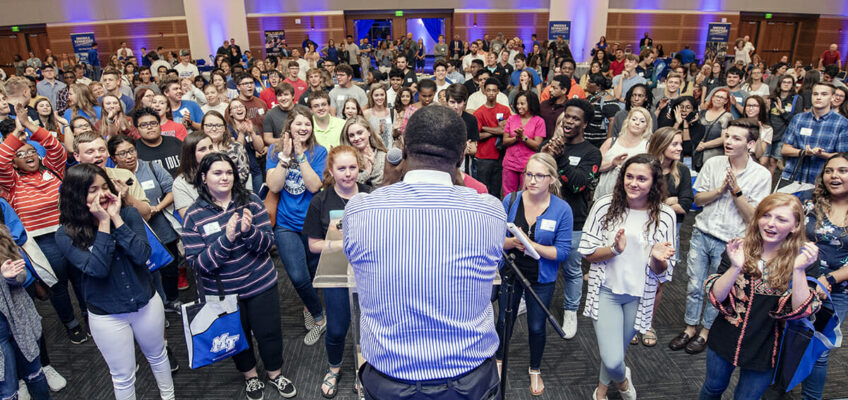 MTSU President Sidney A. McPhee revs up the True Blue Tour crowd.