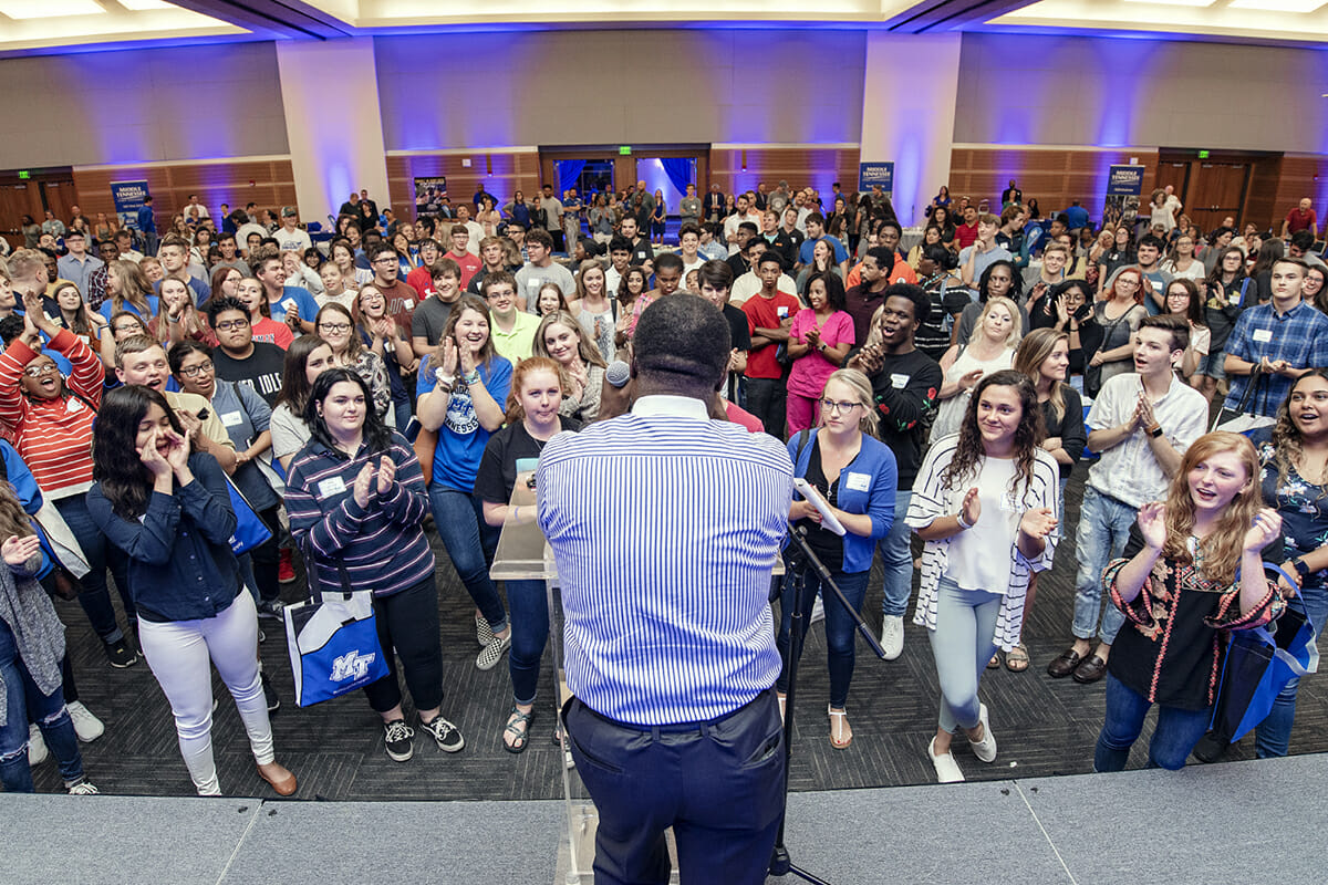 MTSU President Sidney A. McPhee revs up the True Blue Tour crowd.