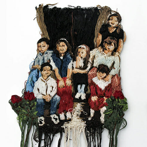 This detail of MTSU alumna Beizar Aradini’s 2017 embroidered work of art, “Americanized,” more clearly shows the young relatives whose family members are Kurdish seeking new lives in the United States. (Photo courtesy of Baizar Aradini)