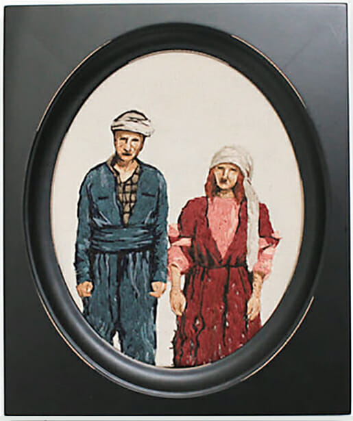 “The Kurdish Gothic,” MTSU alumna Beizar Aradini’s 2018 thread on canvas, depicts a hardworking farm couple and was inspired by Grant Wood’s “American Gothic” and her own grandparents. The piece is 8 inches by 10 inches. (Photo courtesy of Baizar Aradini)
