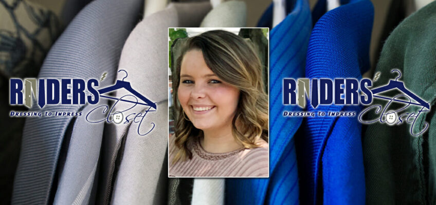 Raiders Closet promo featuring senior Alexandra Stephens and the organization logo on a background of multicolored womens business suits