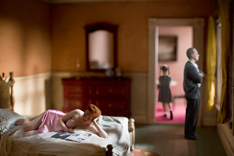 "Pink Bedroom (Family)" from art photographer Richard Tuschman's "Hopper Meditations" collection is part of the new fall exhibit at MTSU's Baldwin Photographic Gallery through Sept. 28. “Beautiful Terrible Things: The Work of Richard Tuschman" also features images from Tuschman's ”Once Upon a Time in Kazimeirz" collection; both are created by building, painting and photographing dollhouse-sized sets in his studio, then photographing live models against a plain gray backdrop and combining the images into digital composites with Photoshop. Tuschman plans a free public lecture at 6:30 p.m. Wednesday, Sept. 5, in Room 103 in the Bragg Media and Entertainment Building. (Photo courtesy of Richard Tuschman)