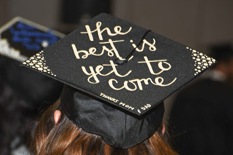 An MTSU student’s mortarboard speaks for her as she waits for the summer 2017 commencement ceremony to begin in Murphy Center in this file photo. MTSU’s summer 2018 graduation is set Saturday, Aug. 11, when 843 graduate and undergraduate students will receive their degrees. (MTSU file photo by GradImages)
