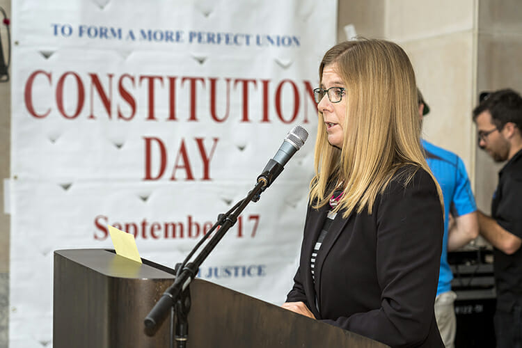 MTSU College of Liberal Arts Dean Karen Peterson reads a portion of the U.S. Constitution early Monday, Sept. 17, on the steps of Todd Hall to help kick off the university's celebration of Constitution Day. Students, faculty, staff, volunteers and guests are reading the Constitution at sites across campus all day to celebrate the 231st anniversary of the document's signing, and voter registration is the focus of the week. (MTSU photo by J. Intintoli)