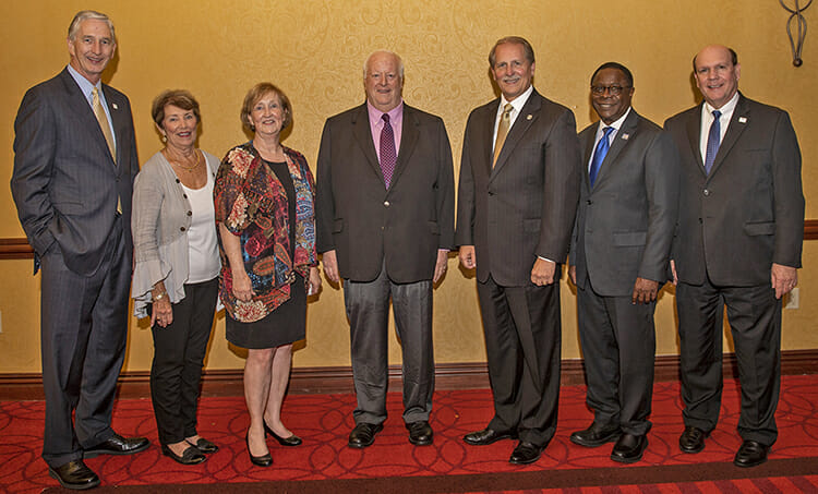 The Robert E. Musto Tennessee Insurance Hall at MTSU inducted three new members during a Sept. 20, 2018, ceremony at Embassy Suites in Murfreesboro.  Picture, from left, Dave Wood, holder of the Martin Chair of Insurance at MTSU; Barbara Eubank, widow of 2018 inductee John Eubank of Nashville, Tenn.; Christie Reeves, previous inductee; 2018 inductee Tom Cooper of Germantown, Tenn.; MTSU President Sidney A. McPhee; and David Urban, dean of the Jennings A. Jones College of Business. (MTSU photo by Eric Sutton)
