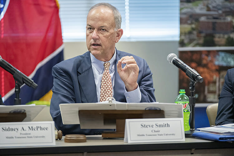 MTSU Board of Trustees Chairman Stephen Smith makes a point Tuesday, Sept. 18, during the board’s quarterly meeting inside the Miller Education Center on Bell Street. (MTSU photo by Andy Heidt)