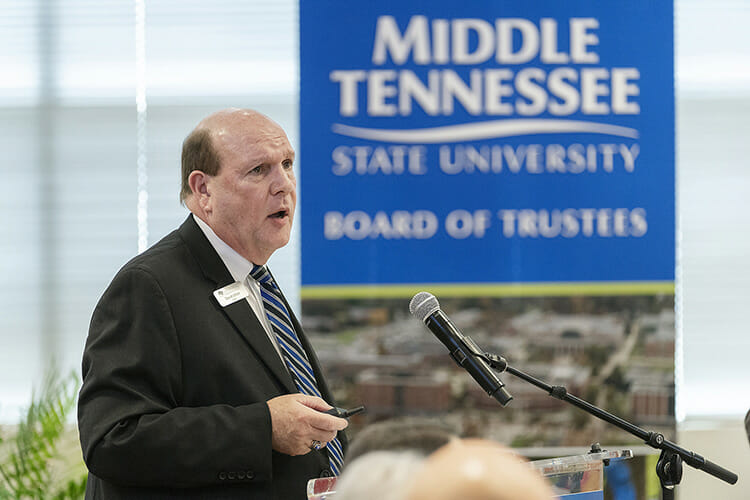 Jones College of Business Dean David Urban updates the MTSU Board of Trustees on the college’s progress Tuesday, Sept. 18, during the board’s quarterly meeting inside the Miller Education Center on Bell Street. (MTSU photo by Andy Heidt)